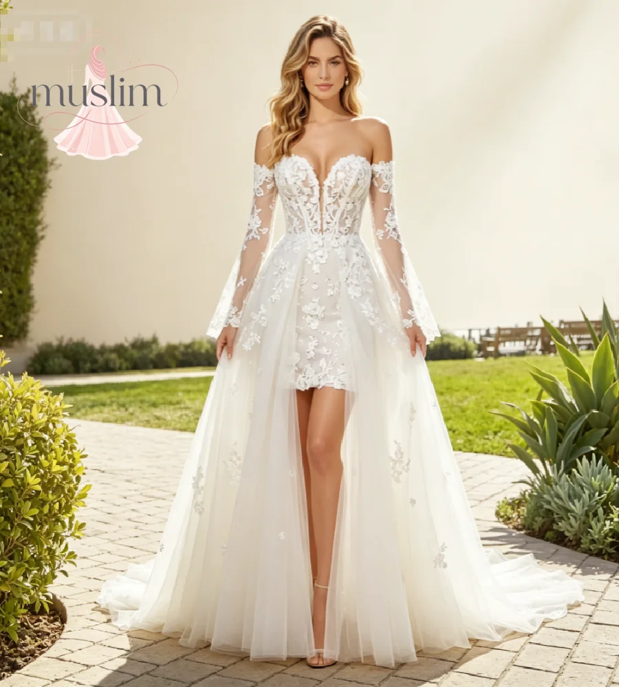 Off Shoulder Flare Sleeve Wedding Dress 2026 Elegant Rustic Boho Overskirt 2 In 1 Short Bride Dress Lace Hi Low Bohemian Hippie