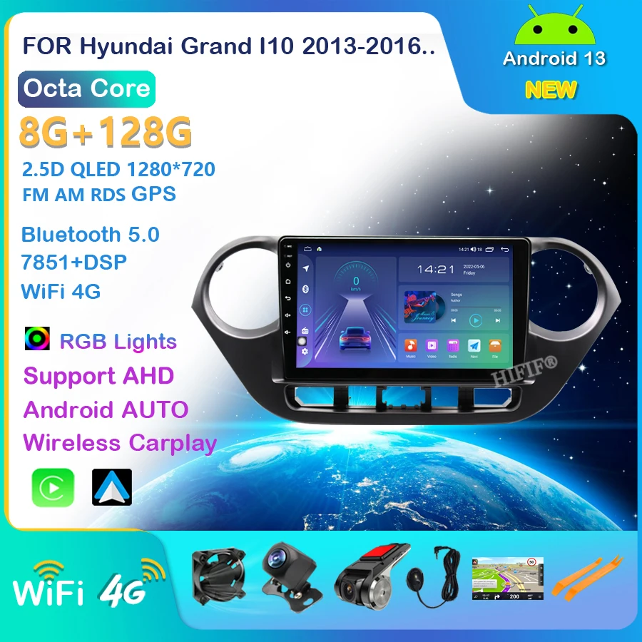 

9'' QLED 1280*720P Car Radio For Hyundai Grand I10 2013-2016 Android 13 Auto Multimedia Touch Screen Navigation GPS No 2Din