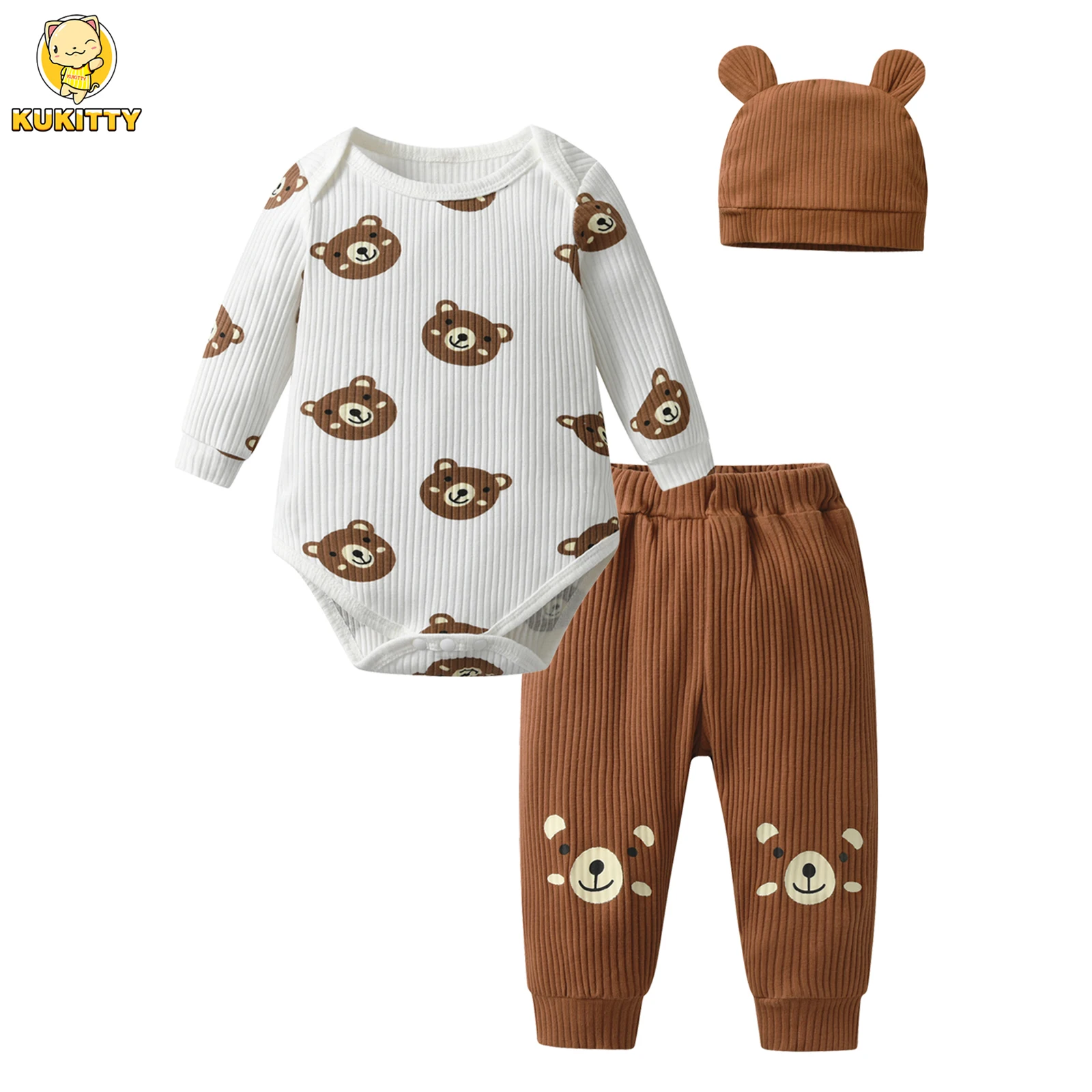 Casual Newborn infant Baby Boy Clothes Set Knitted Long Sleeve Bear Printed Bodysuit Top and Pants Spring Autumn Outfit for Boys