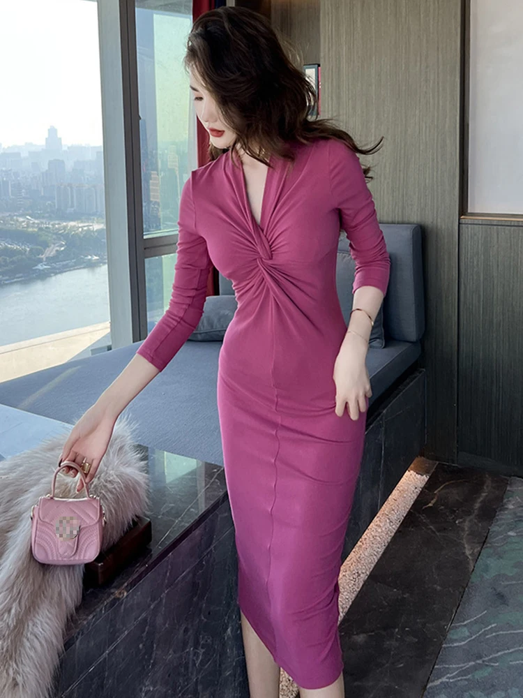 Spring Autumn Korean Elegant Women Dress Temperament Casual Sexy V-Neck Skinny Midi Dresses Street Stretchy Robe Mujer Vestidos