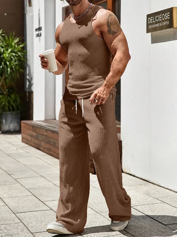 

Summer Sports Fitness Men's Tracksuits Stylish Solid Color Ribbed Tank Tops And Pants Two Pieces Sets Fashion Men Slim Fit Suits