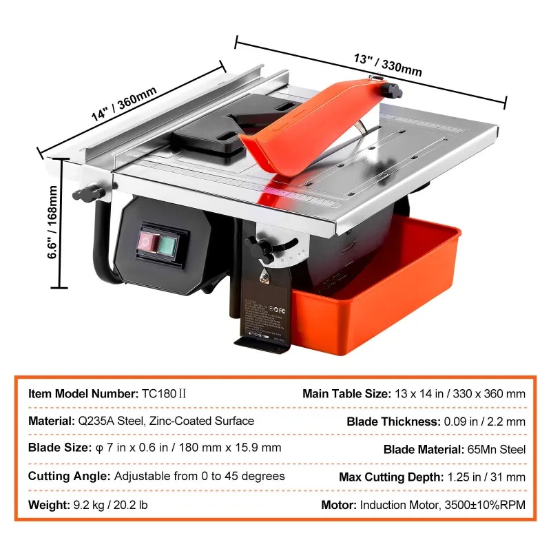 7-Inch Wet Tile Saw 65Mn Steel Blade 3500 RPM Induction Motor 0-45 Degree Miter Water Reservoir Stone Cutter Machinery Equipment