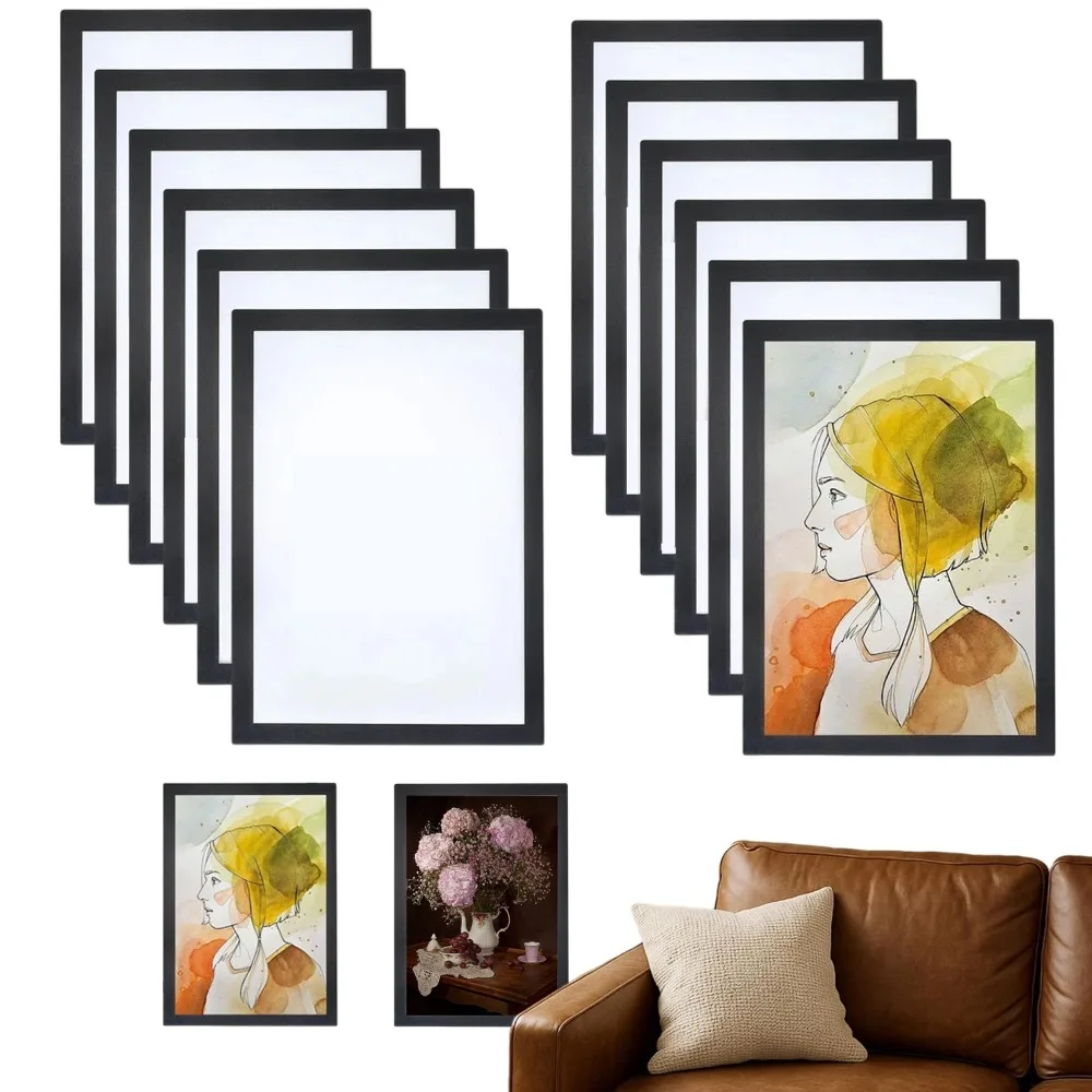 Lot de 12 cadres magnétiques noirs A4 avec support auto-adhésif, affichage transparent double face en PVC pour documents de bureau, photos de maison et enseignes de magasin – Idéal pour le remplacement de menus ou d'étiquettes de prix sans perçage, la présentation d'œuvres d'art pour enfants et la protection contre la poussière et l'humidité
