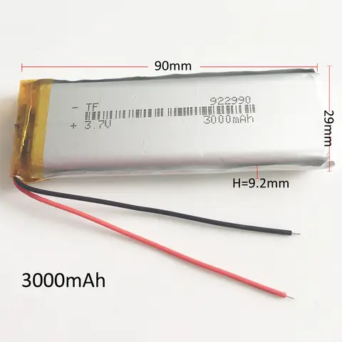 폴리머 리튬 LiPo 충전식 배터리 셀 922990, MP3 GPS DVD 태블릿 PC 테이블 램프 파워 뱅크 노트북 MID용, 3.7V, 3000mAh