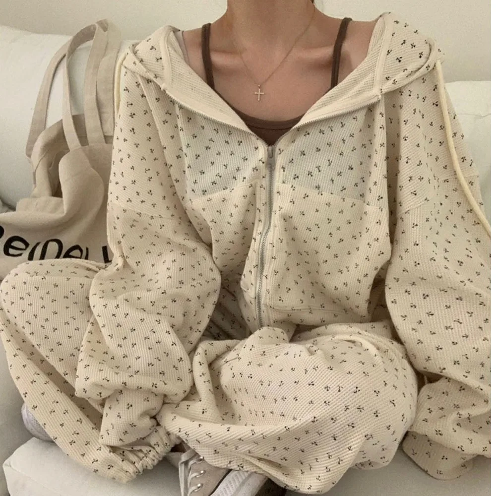 Coreano chique casual floral impressão suor superior solto calças de perna larga bot conjunto de duas peças feminino faion outfit inverno wear