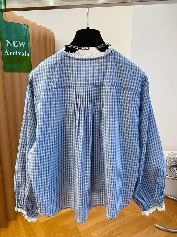 New Round Neck Plaid Shirt Long Sleeve Charming Women Shirts Gentle Versatile Women Blouse