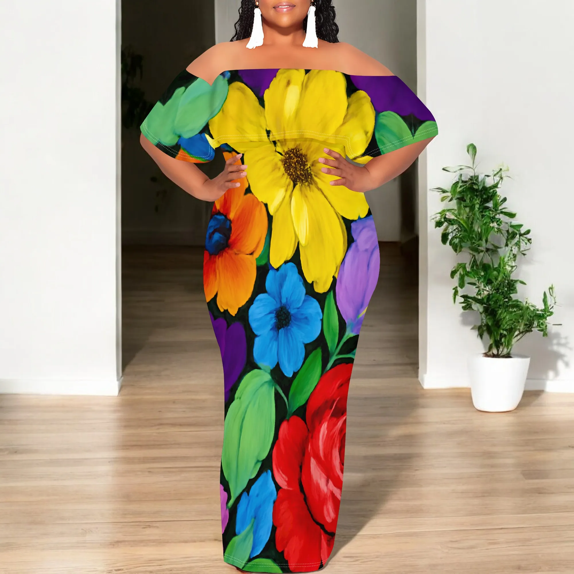 

Bright Floral Off-Shoulder Bodycon Maxi Dress S-3XL for Summer Party, Vacation or Tropical Getaway Look