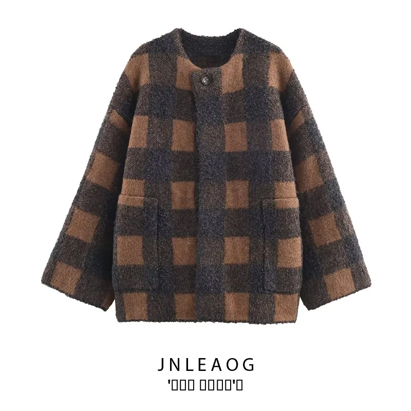 

Моющееся вязаное пальто в клетку JNLEAOG, женское осеннее новое пальто универсального дизайна, свободная длинная верхняя одежда на пуговицах JNLEAOG