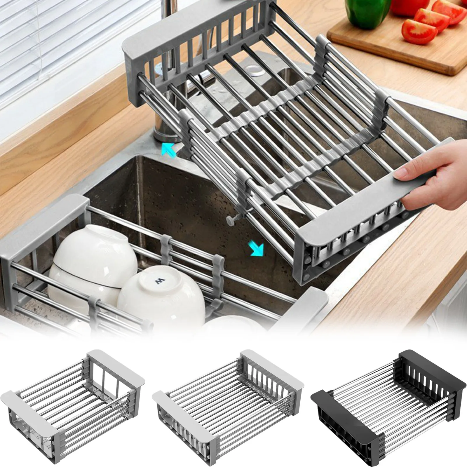 

Многофункциональная выдвижная полка для кухонной раковины, сушилка для посуды, расширяемая экономия места для фруктов, овощей, практичные гаджеты