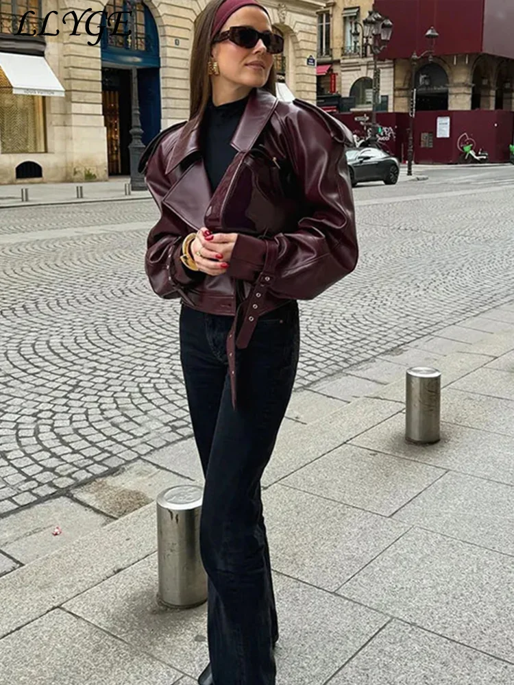 Elegant Women\'s Short Leather Jackets With Belt Loose Lapel Long Sleeved Patchwork Coat 2024 Autumn Lady Street Urban Outwears 