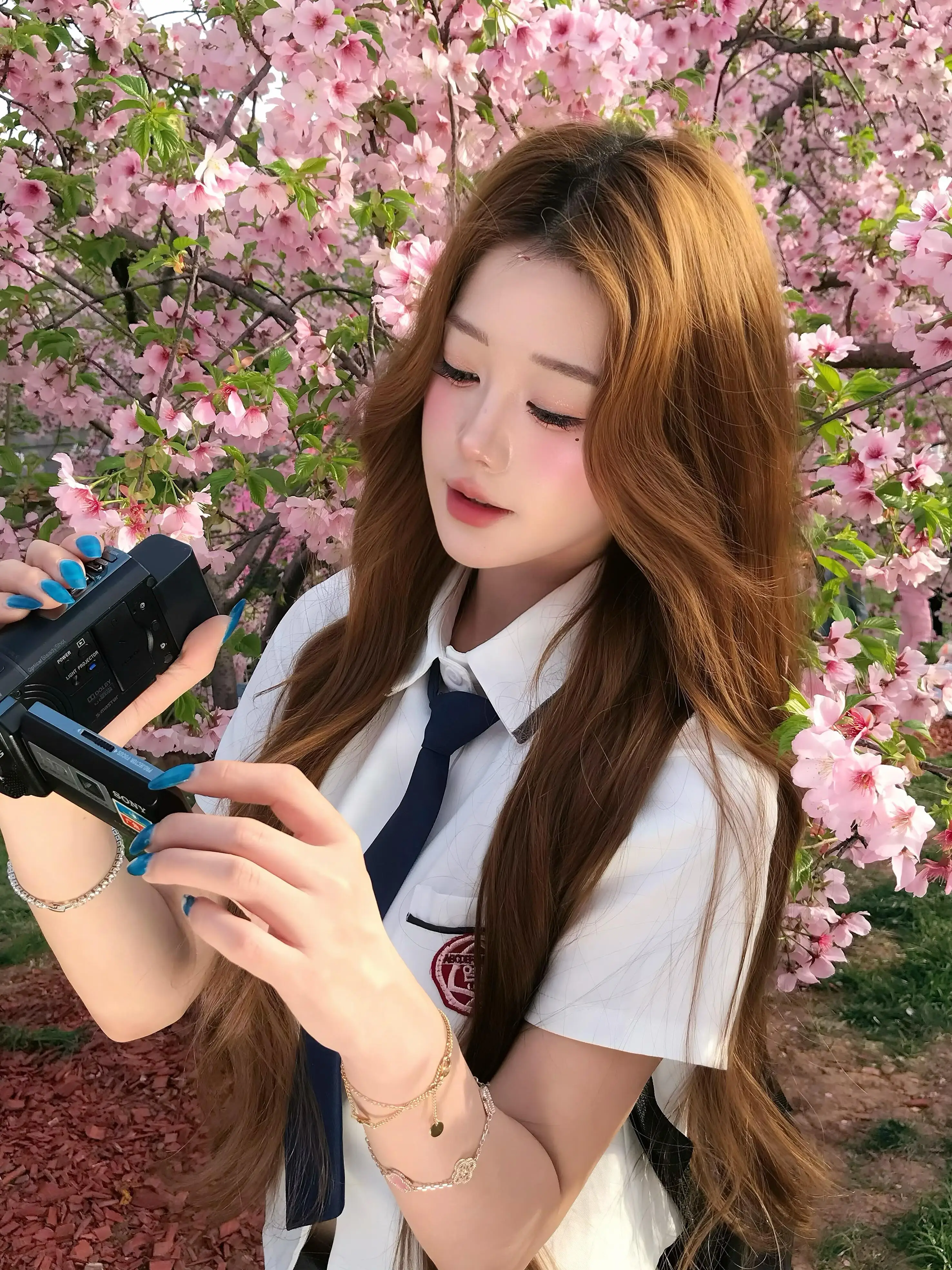 

Summer White Embroidered Waist-Cinching Shirt And Skirt Set School Uniform JK Outfit Graduation Photo Shoot Female Model