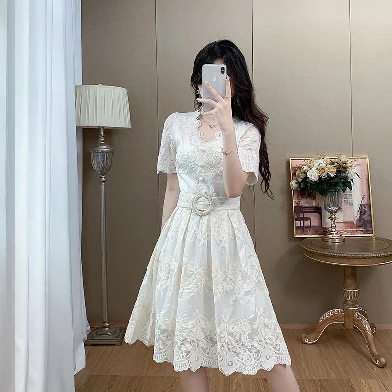 레이스 스플라이싱 디자인 여름 드레스 여성스러운 하이웨이스트 A라인 스커트 또는 티 브레이크 드레스 폴리에스터 섬유