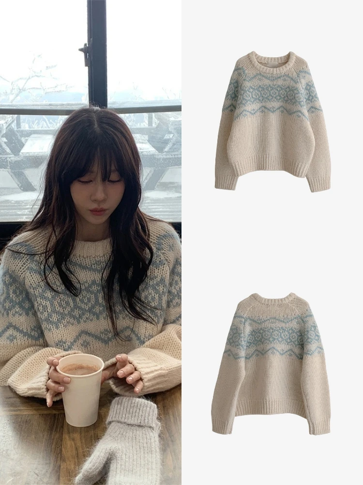 

Свободный вязаный свитер Sle, женский мягкий, приятный для кожи винтажный повседневный топ с цветочным принтом, тиху, очень геометрический узор Lo...