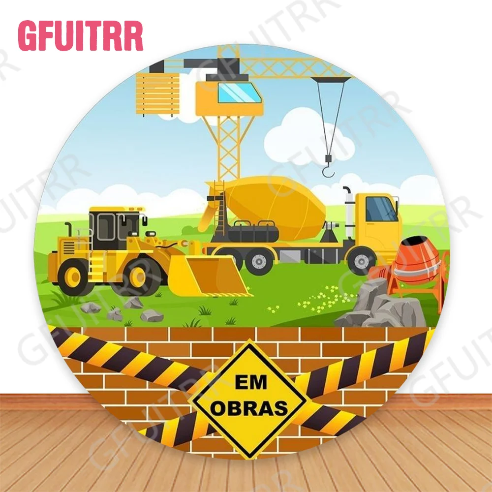 Excavator Truck Round Photo Backdrop Construction Theme Baby Shower Cylinder Covers Kids Birthday Party Decoration Photo Props