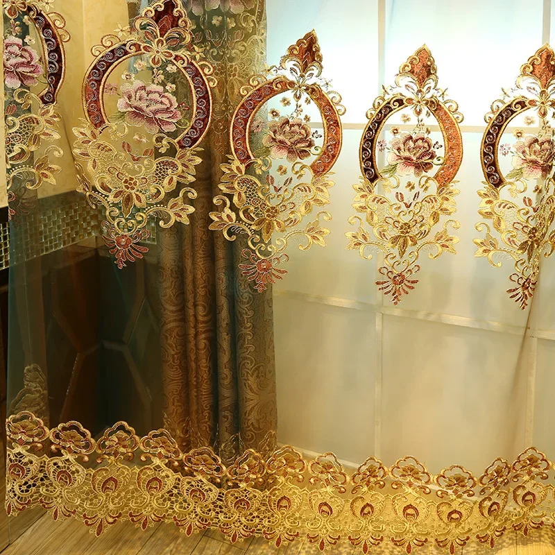 European Luxury Royal Embroidered Shade Curtains for Living Room High-Grade Voile Curtain Bedroom and Kitchen