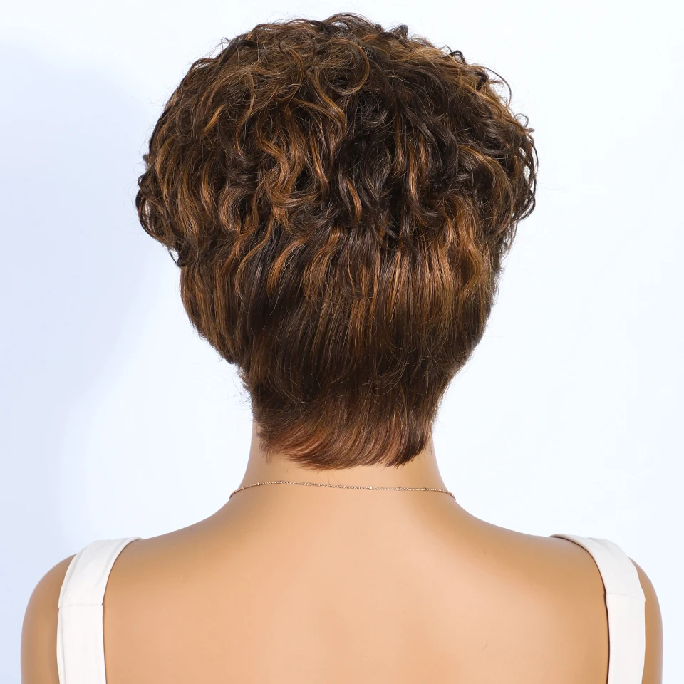 Rebecca Mixed Brown Short Pixie Cut Curly 100% Human Hair Wig For Women Brazilian Remy Hair Colored Side Part Full Machine Wigs