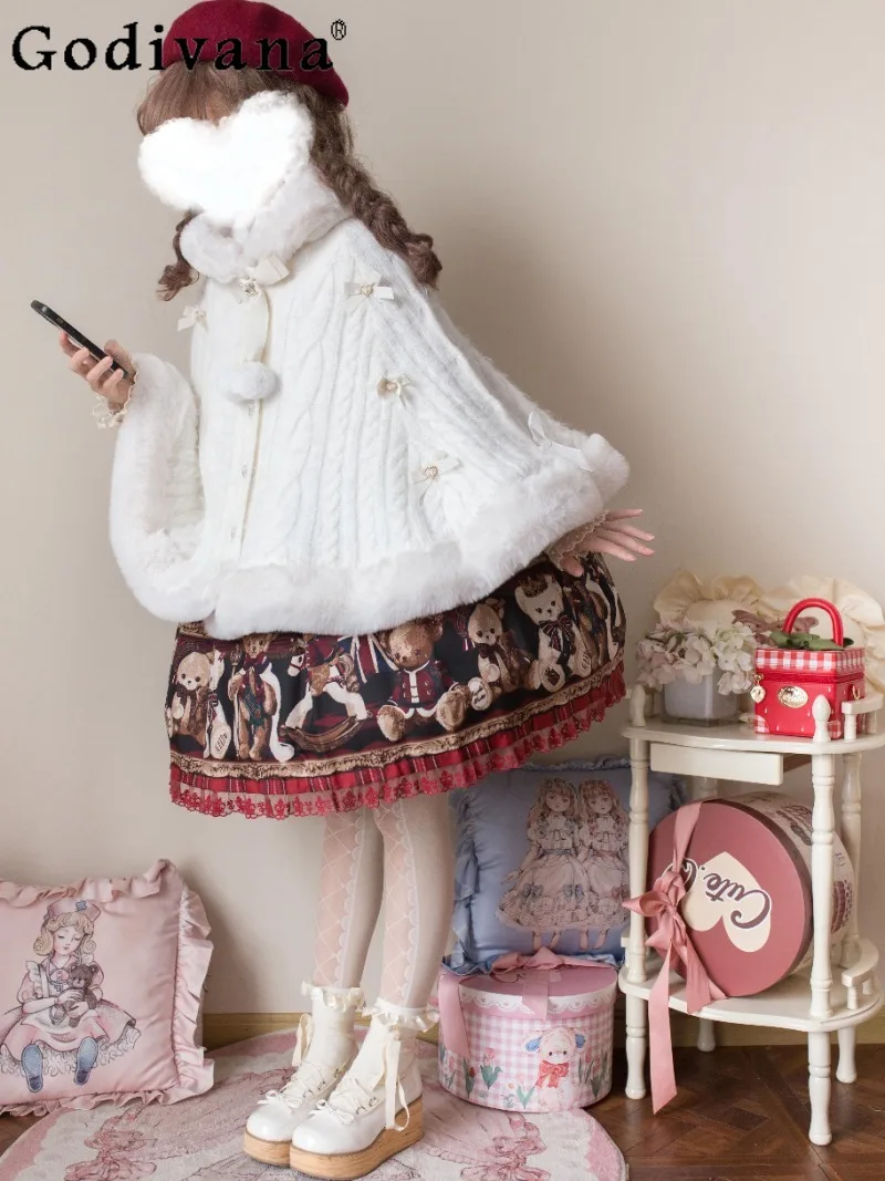 

Милая кукла для девочек, оригинальный японский плащ в стиле Лолиты, осенне-зимнее новое теплое вязаное пальто с капюшоном для милых девочек