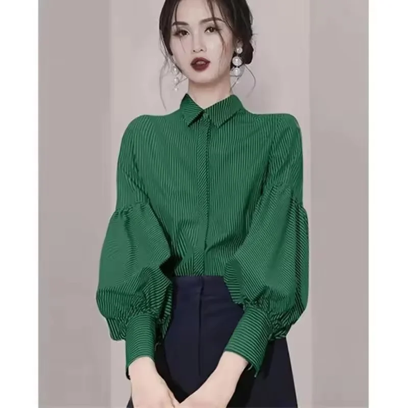 

Spring Autumn Ladies Stripe Loose Blouse Jacket Female High-end Casual Top Outwear French Women Fashion Long Sleeves Shirts Coat