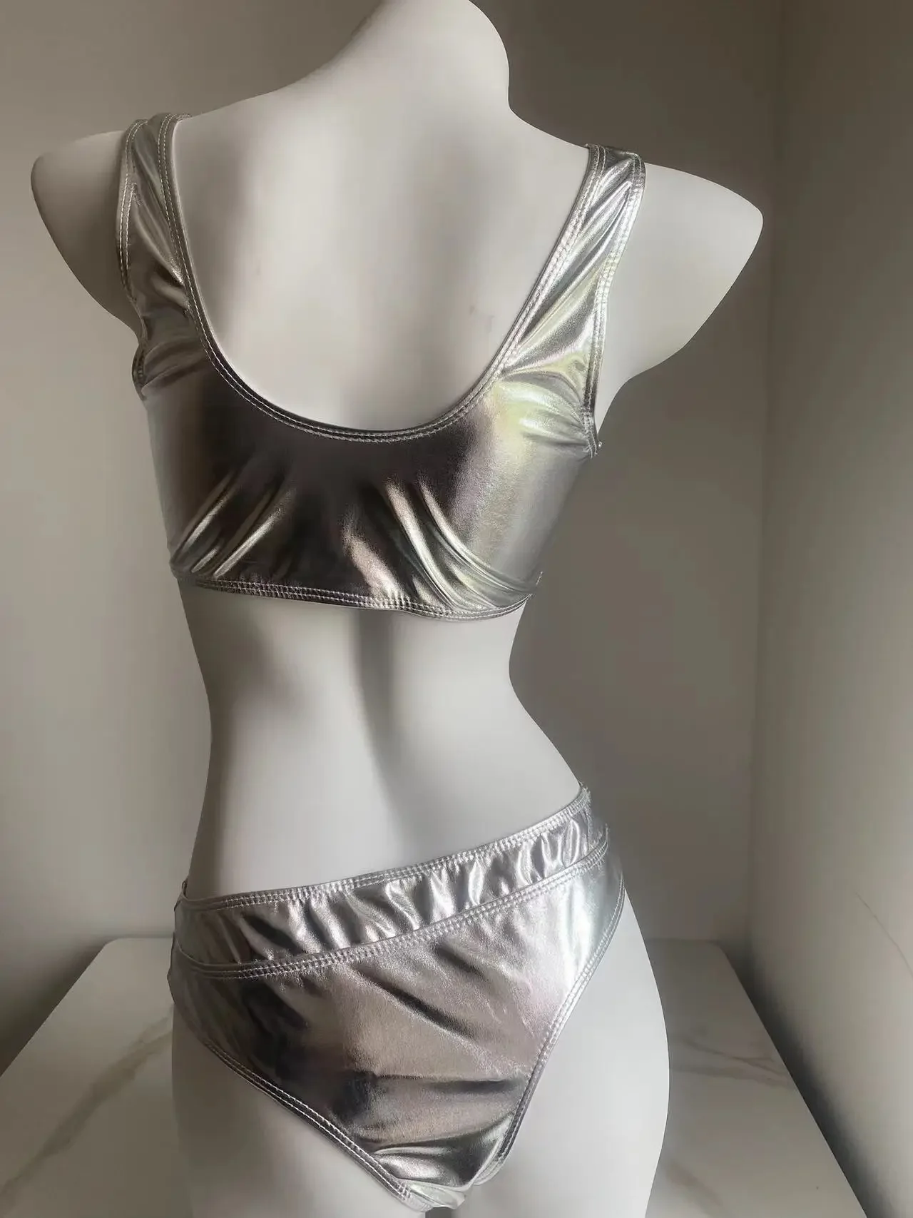 Silver Gold Bikini 2024 Shiny Faux Leather Vest Swimsuit Women Solid Bathing Suit Swimwear Beachwear