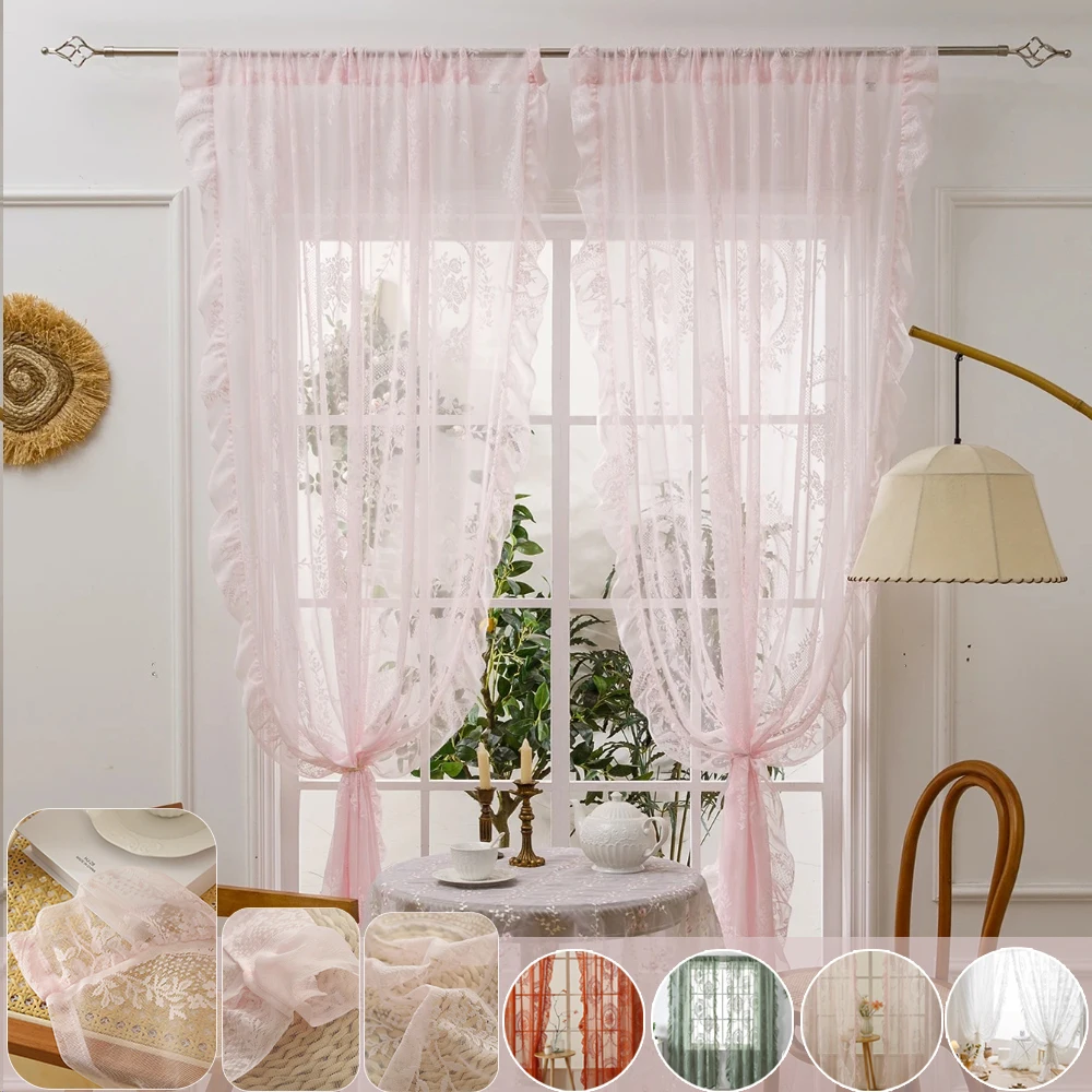 

Width 55 Inch Pink/Green/White/Orange Lace Round Mirror Rod Pocket Curtains for Girls Cute Bedroom Decor Curtain for Living Room
