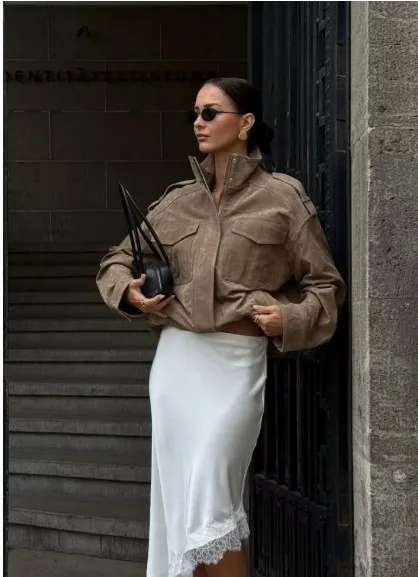 

KIDCRKJ Самая продаваемая женская весенняя замшевая куртка с воротником-стойкой, разноцветными карманами, в стиле пилот, свободного кроя, с эластичным низом, верхняя одежда для женщин