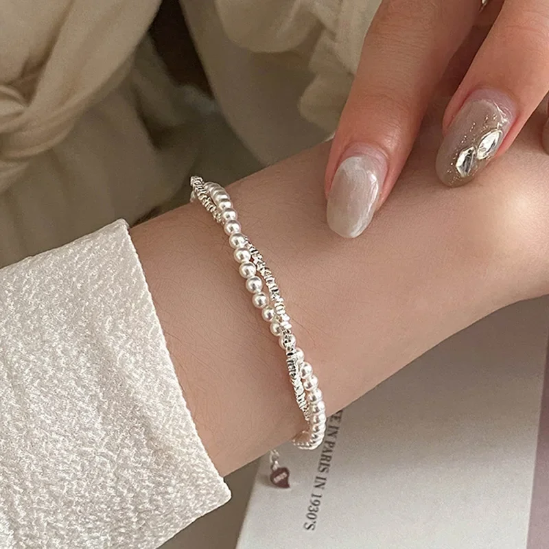 Vintage 925 Sterling Silver Bracelets Pearl Bead Bracelets for Women Fashion Korean Double Layer Charm Bracelet Party Jewelry