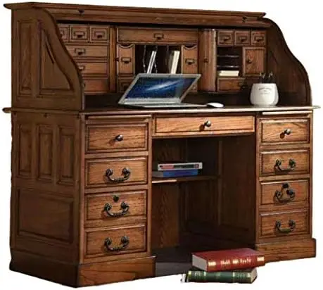 Top Desk Solid Oak Wood - 54 Inch Deluxe Executive Rolltop Desk Burnished Walnut Stain for Home Office Secretary Organizer Roll