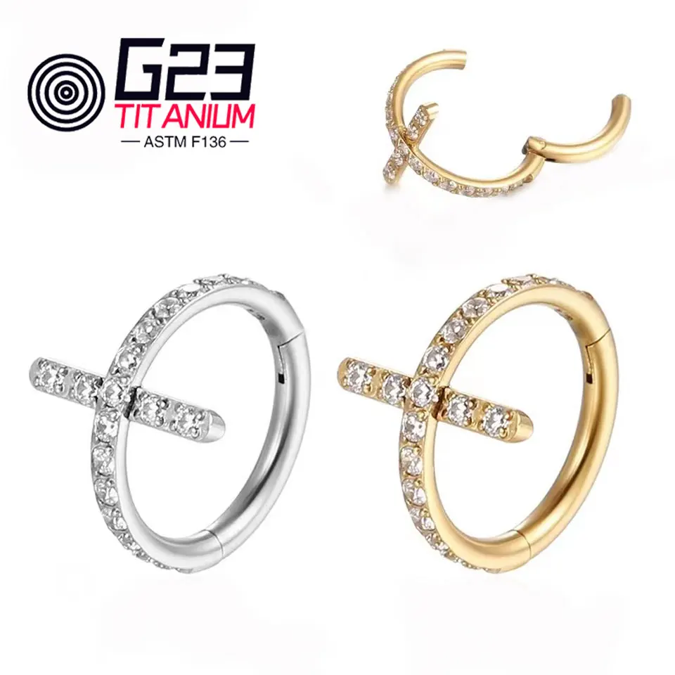 New Design G23 ASTM F136 Titanium Hinged Hoop Segment Sleeper Earrings Cross Shaped Zircon Nose Ring Piercing Jewelry