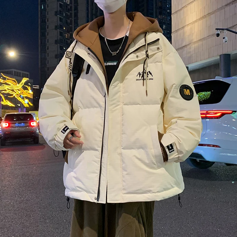 

Men's ort Hooded Puffer Jaet Thi Warm Casual Outerwear Fake Two-Piece Sle Winter 2023 Trendy Brand Coat Youth Faion
