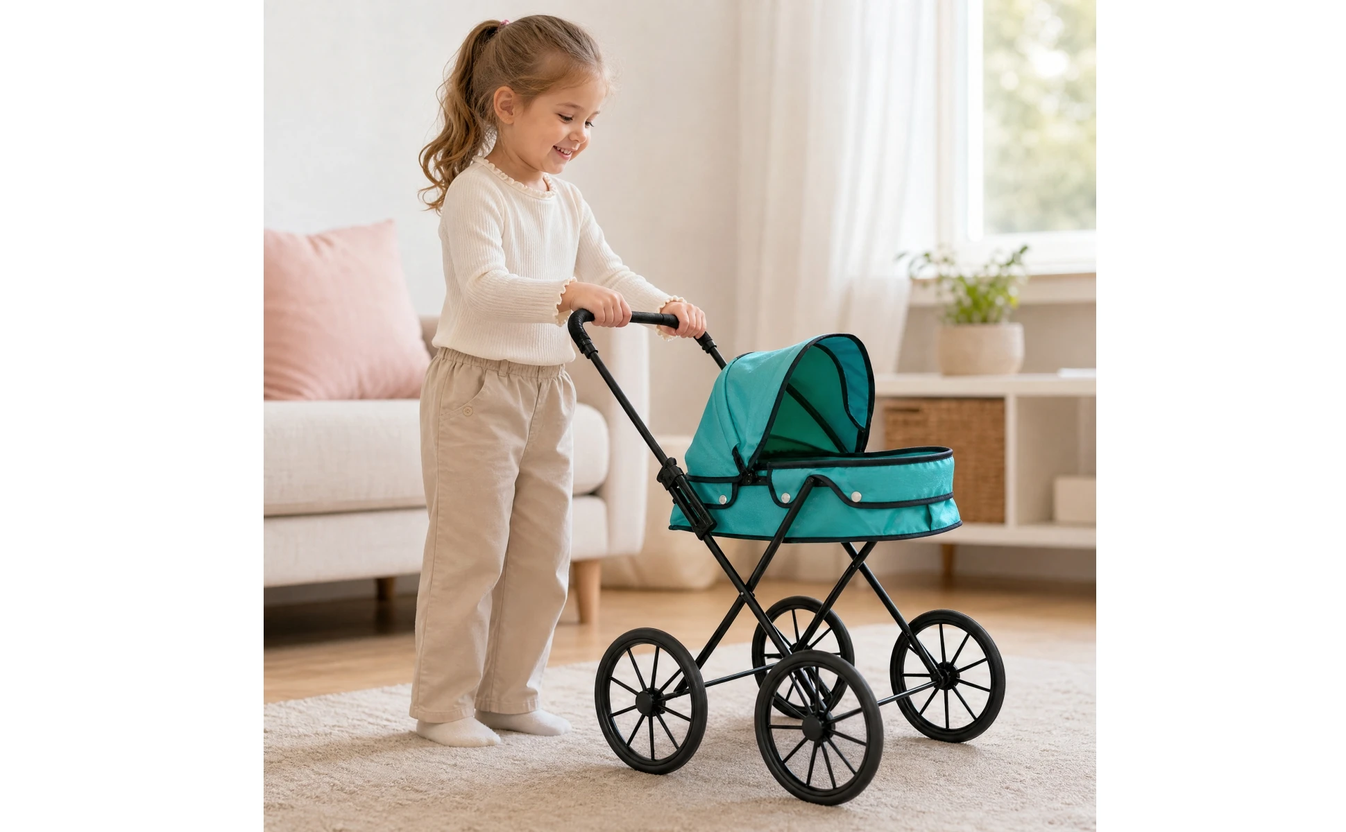 Pretend-Play Doll Stroller Long-Lasting Foldable Doll Stroller with Canopy Portable Easy to Clean for Children Ages 4-6