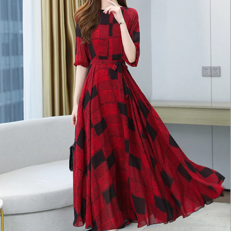 2023 Summer New Fashionable Skin Friendly Office Lady Comfortable Basic Casual Leisure French Slim Fit Slim Female Plaid Dress