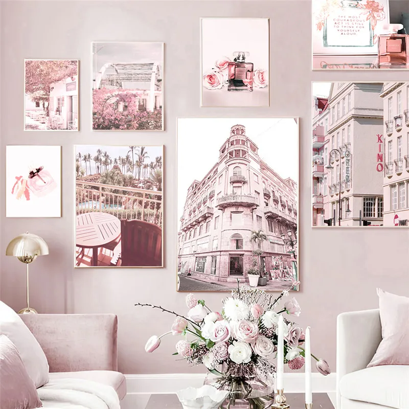 

Pink Building Scenery Poster Wall Art Canvas Print Modern Flower Picture Home Decor Painting Nordic Fashion Poster for Dormitory