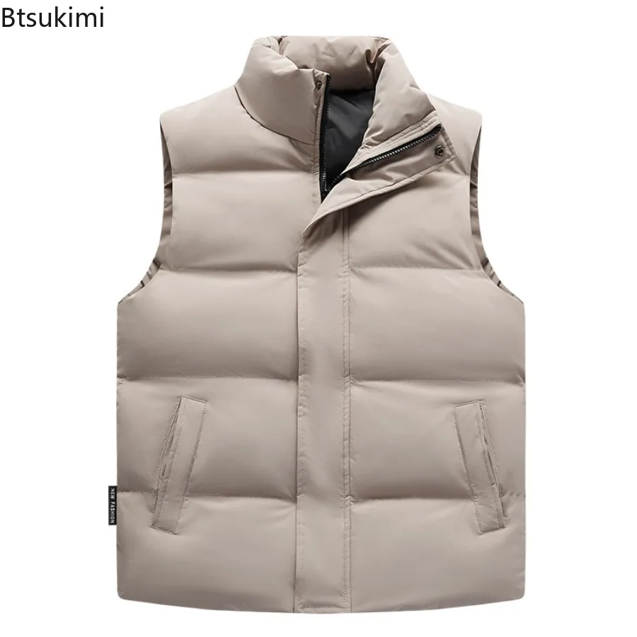 2025 Winter New Down Cotton Vest for Men Solid Color Stand Collar Versatile Sleeveless Vest Cold Resistant Warm Cotton Waistcoat