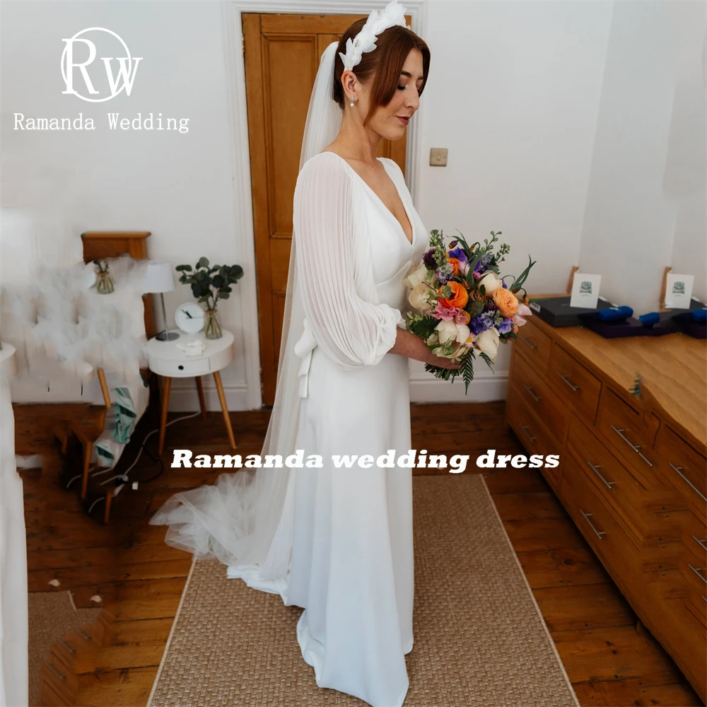 Ramanda Customized Simple Puff Sleeves Deep V-Neck Mermaid Wedding Dress Women Backless Floor-Length Sweep Train Ruffles 2025