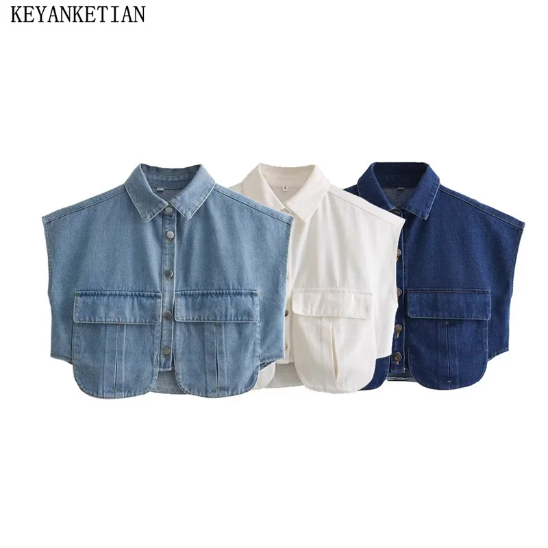 KEYANKETIAN New Women's Sleeveless Denim Vest Jacket Double Pockets Decoration Asymmetrical Single Breasted Crop Top Waistcoat