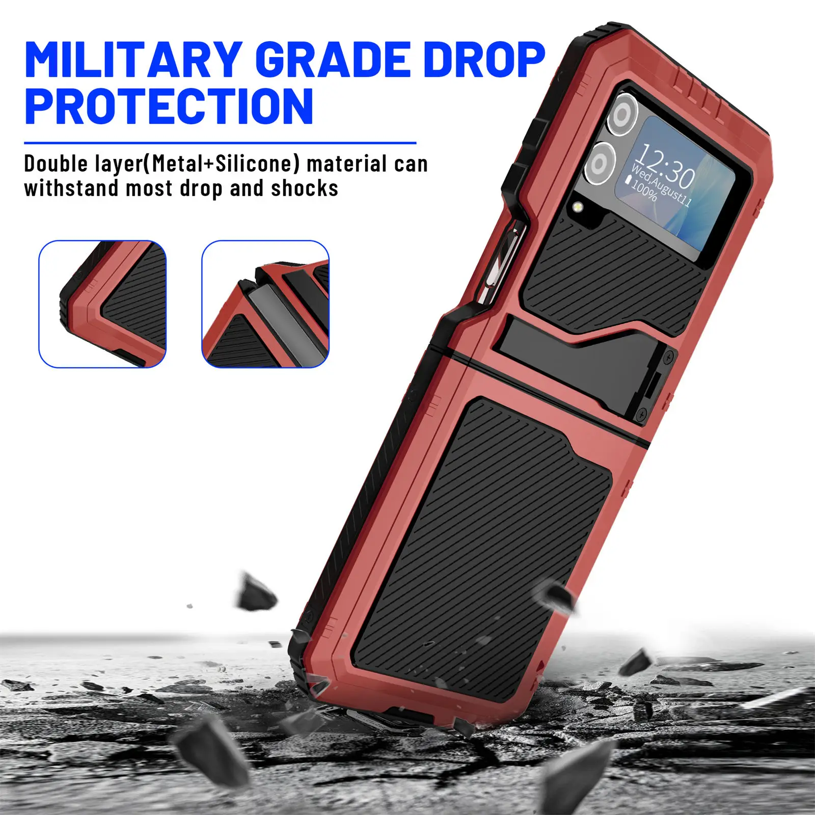 for Samsung Galaxy Z Flip 4 Metal Case with Kickstand, 3 Layers Full Body Protective Shockproof Aluminium Cover for Z Flip 4