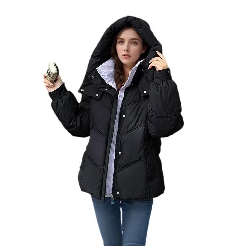 2024 Winter Women\'s Down Cotton Jacket Contrast Hooded Thicken Warm Parka Coats Top Female Single Breasted Short Bread Jacket