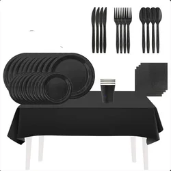 Solid Black Theme Birthday Super Girls Decorations Party Disposable Tableware Paper Napkins Cups Plates Tablecloths Straw