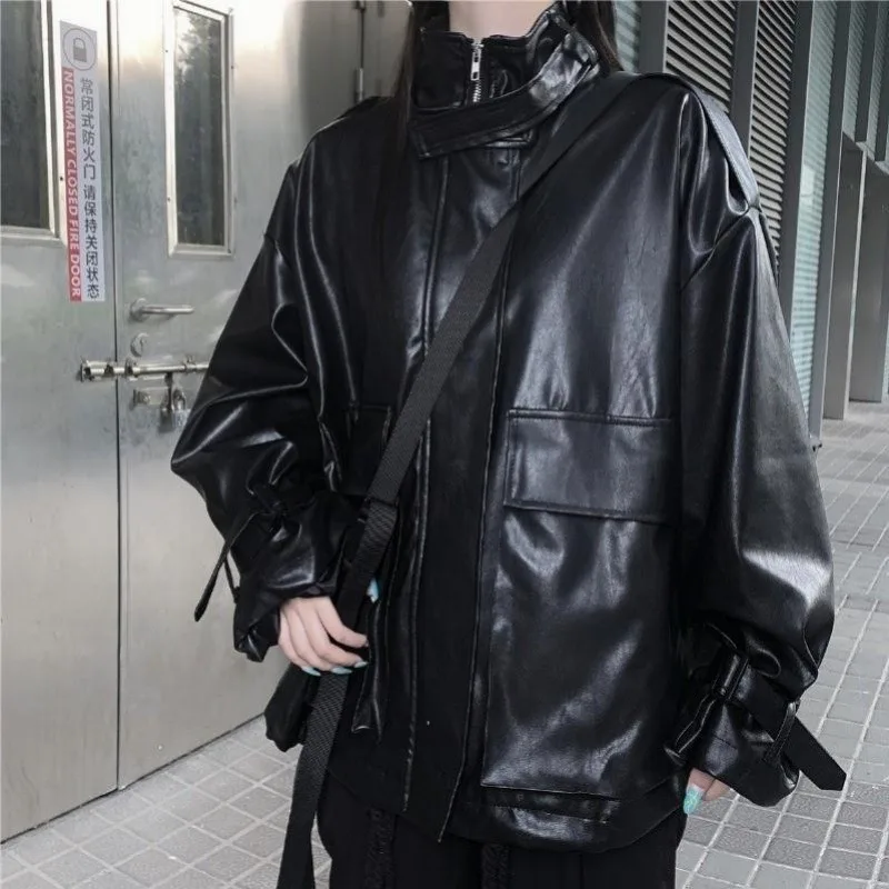 여성용 재킷 빈티지 가죽 디자인 드로스트링 코트 봄 지퍼 루즈 긴 소매 아우터 스플라이스드 빅 포켓 여성 의류