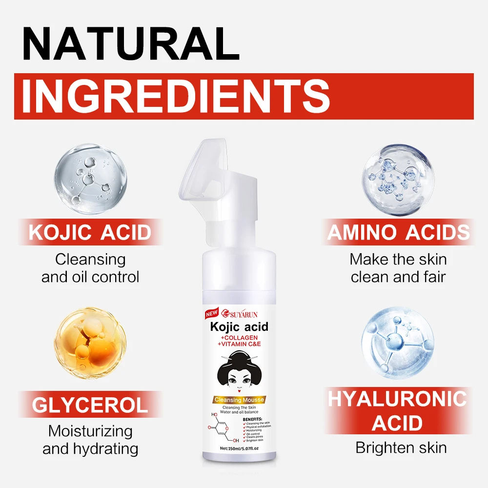 SUYARUN Kojic Acid Face Wash untuk Mencerahkan Kulit, Flek Hitam & Perawatan Jerawat, Pembersih Eksfoliasi dengan Formula Alami.
