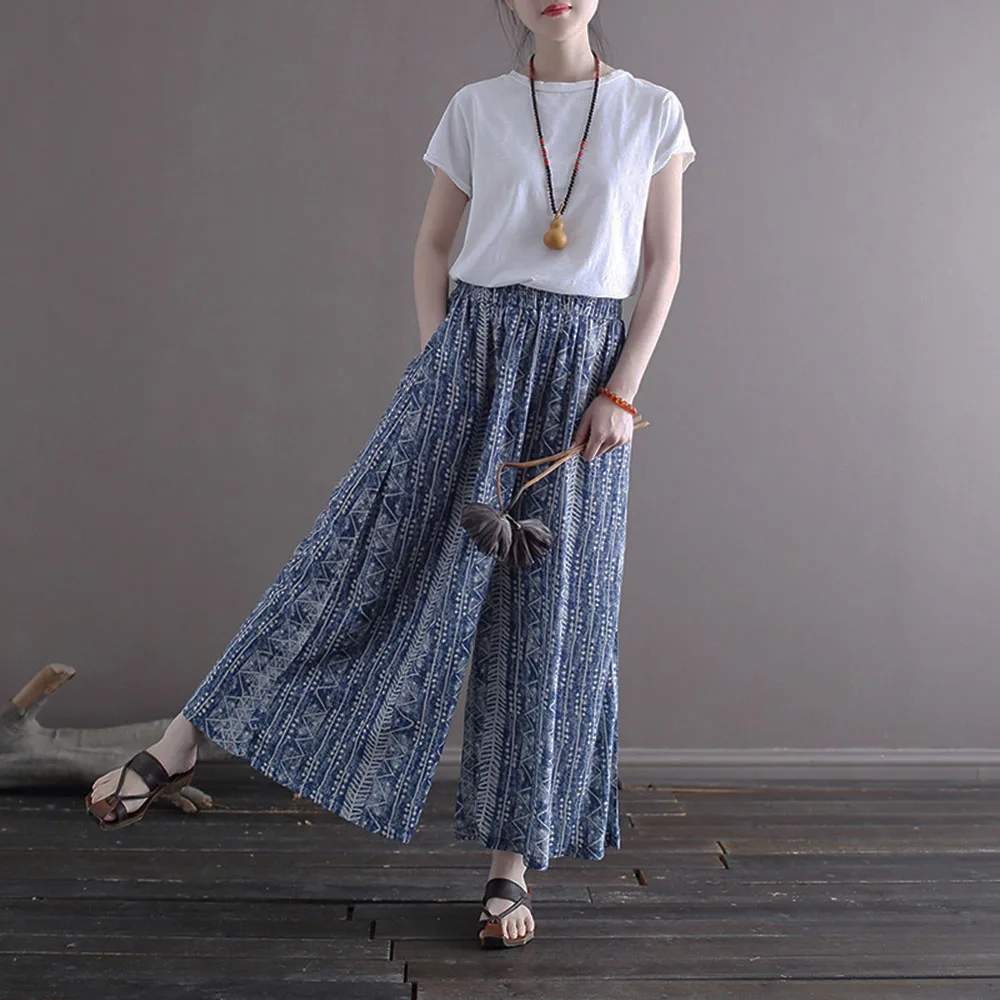 Batik Style Cotton Linen Printed Women's Summer Ultra-Thin Wide-Leg Pants Casual Loose National Style Beach Nine-Minute Pants