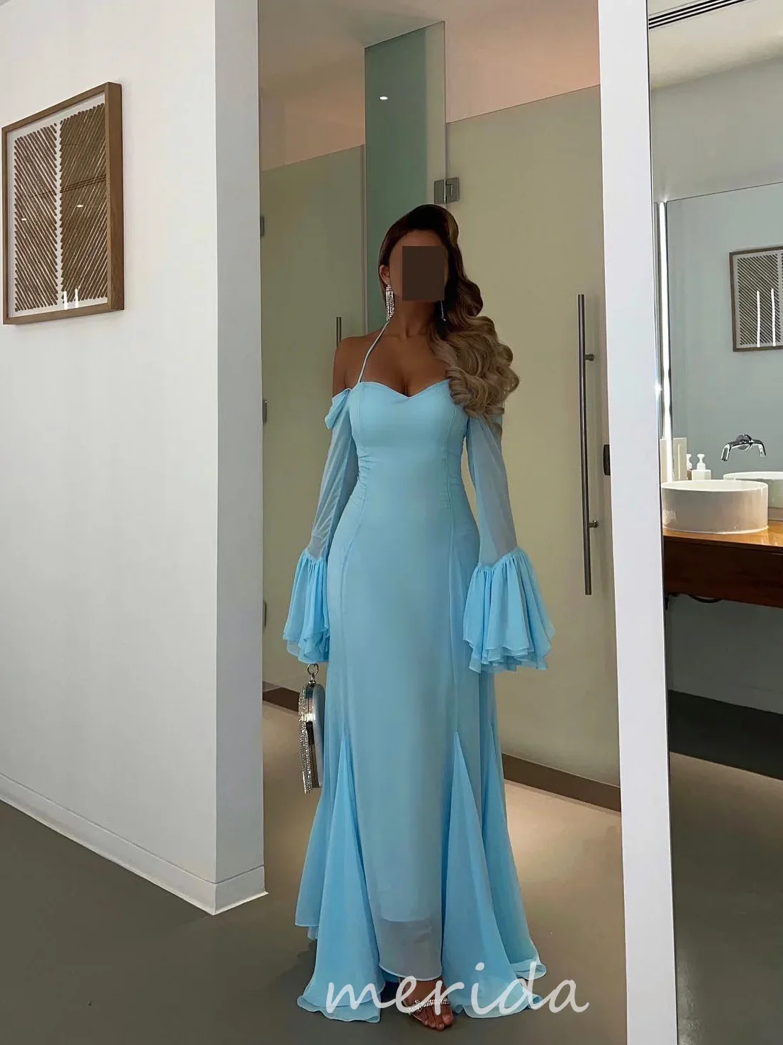 

Merida Blue Chiffon Mermaid Evening Dresses Off Shoulder Formal Occasion Gown Halter Prom Dress Evening Gowns 2024 Floor Length