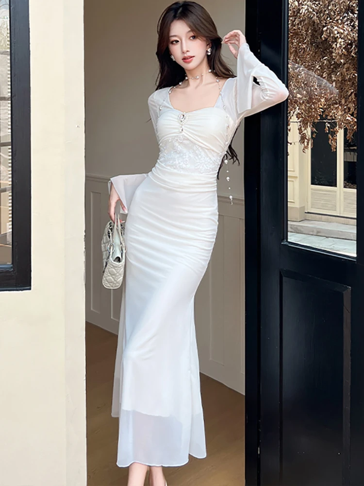 Women Korean Fashion Elegant Casual Home Dress Autumn Winte Mesh Patchwork Lace Dress 2025 New Diamonds Square Collar Prom Dress