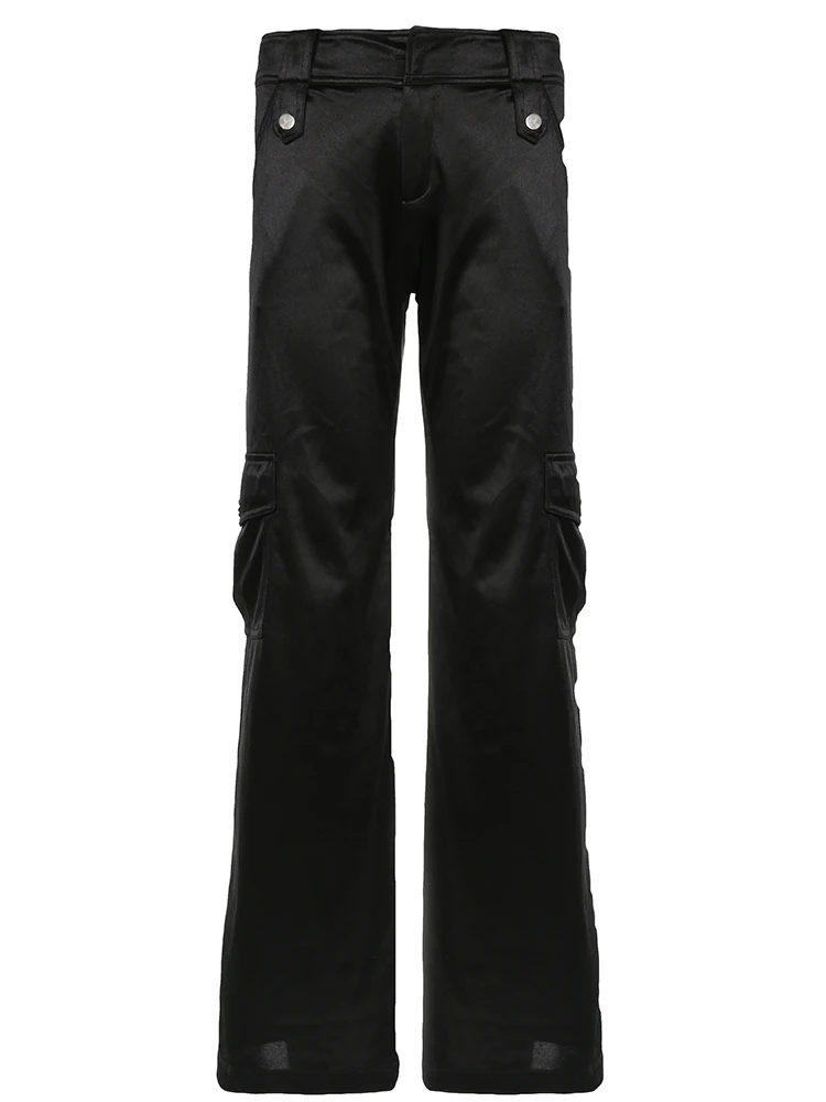 Weekeep-Pantalon Cargo Noir à Grandes Poches, Vintage, Taille Basse, Droit, Streetwear, Satin, Mode FjKorean, Y2k