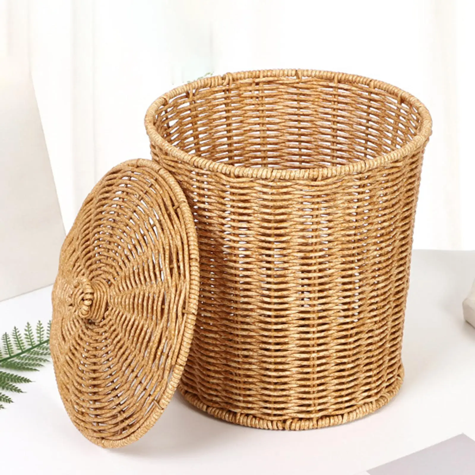 Imitation Rattan Basket with Lid Laundry Hamper Living Room Bedroom Woven Basket