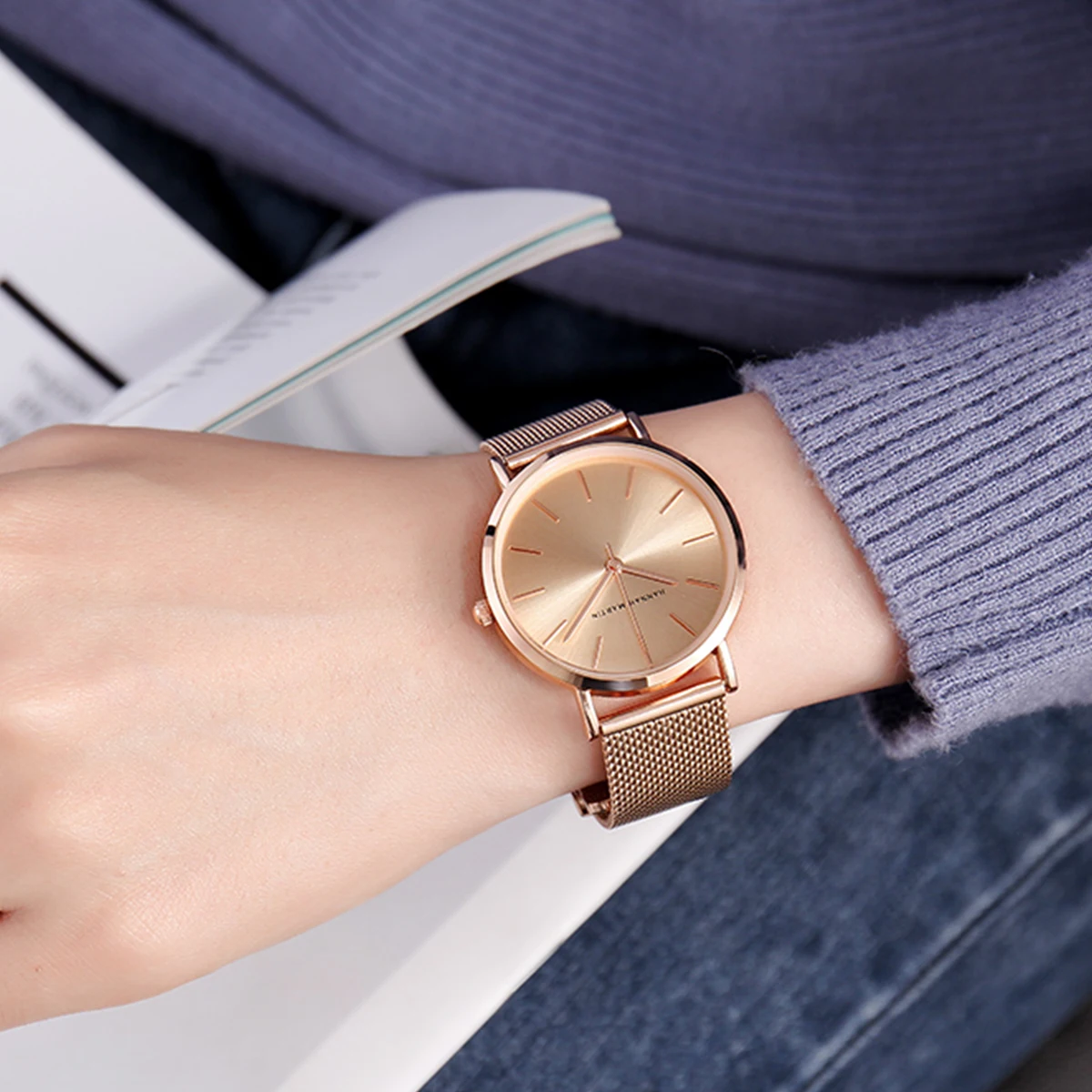 Hannah Martin Original Women Watch With Japanese Imported Movement Fashionable Simple Style Stainless Steel Mesh Rose Wristwatch