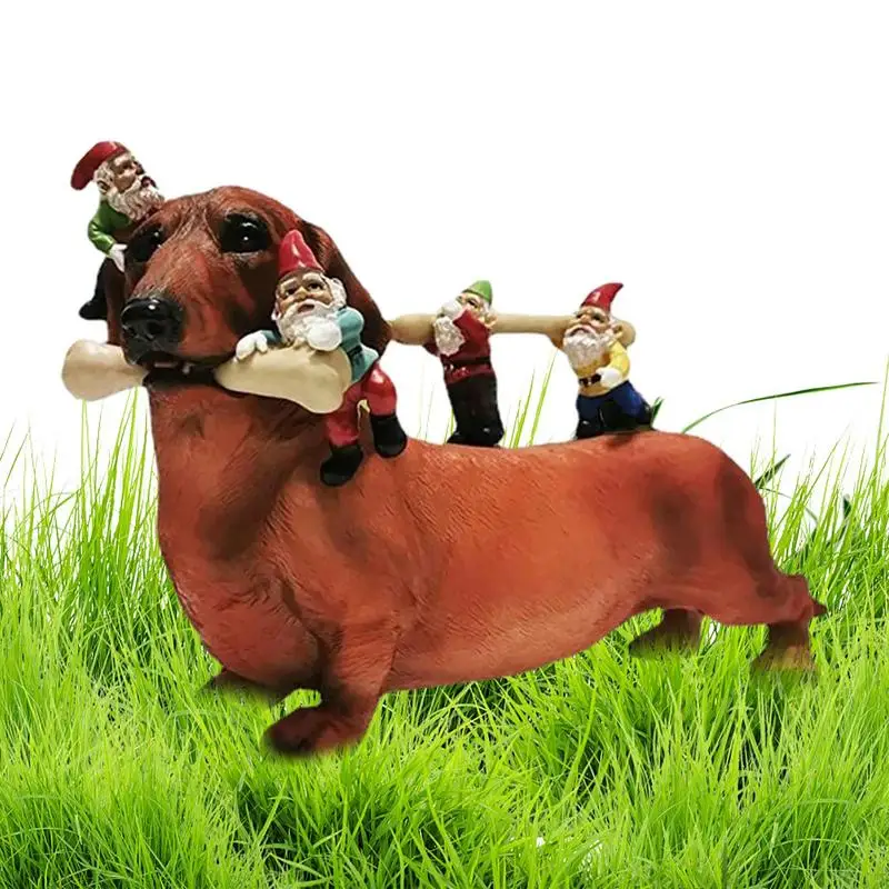 Dachshund Gnome Dwarf Statues Decor Resin Dog Eating Bones Gnome Statue Portable Yard Art Figurine Sculptures Garden Decor For