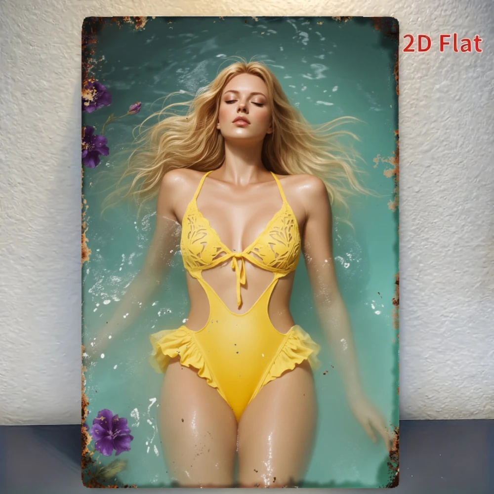 CIFBUY Retro Blonde Swimsuit Aluminum Wall Art Waterproof Durable Metal Sign For Bathroom Garage Kitchen Bar Home Decor