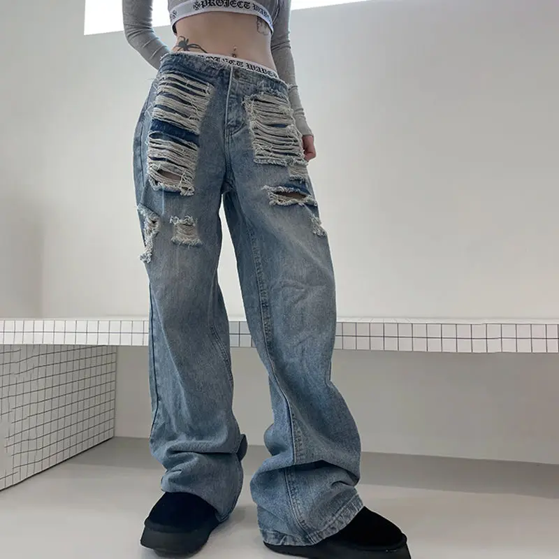 Jeans Hole High Quality High Waist Harajuku 2024 New Bottoms Fashion Y2k Pants Women Straight Vintage Casual Denim Trousers