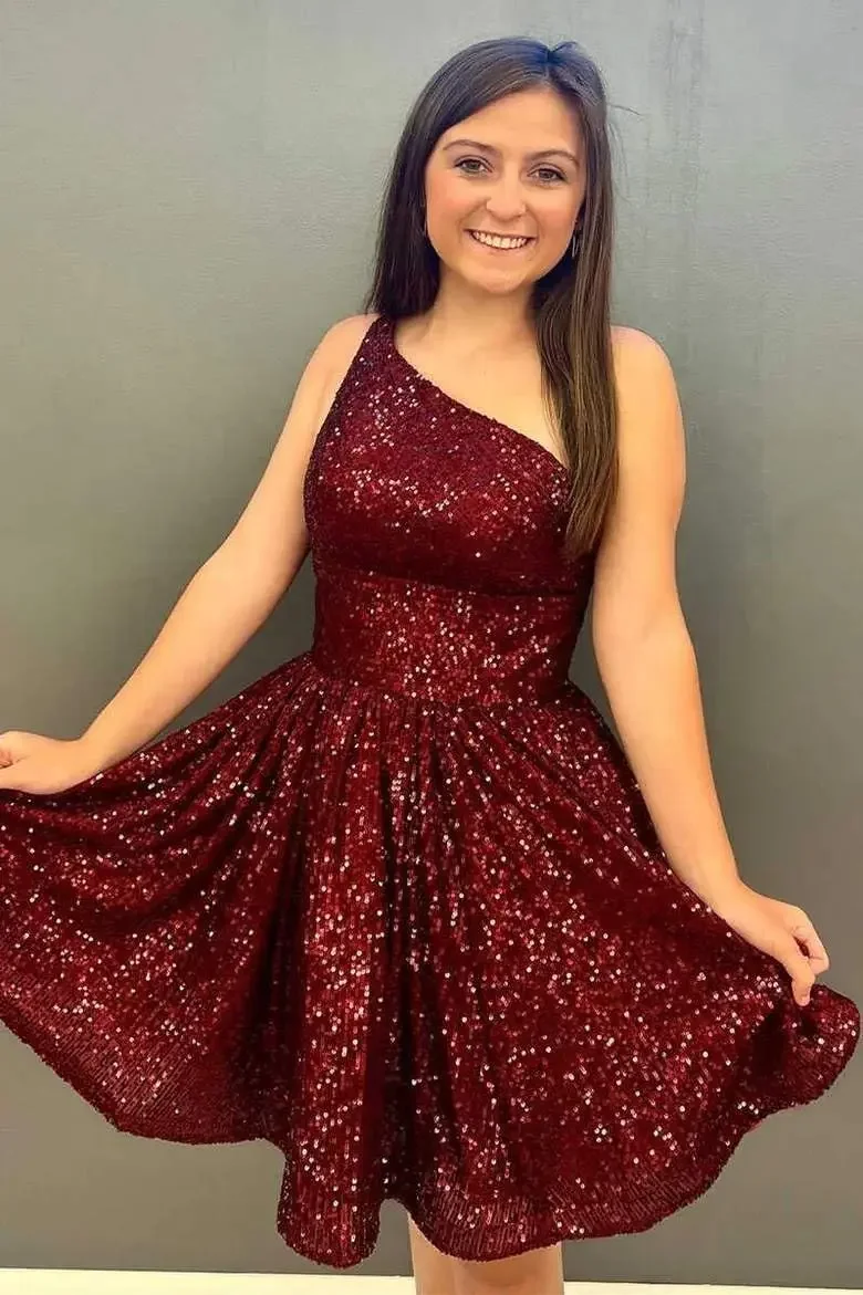 Evening Sparkly One Shoulder Homecoming Dresses Short Prom Dress Sequin Mini Cocktail Party Dress for Women and Girls